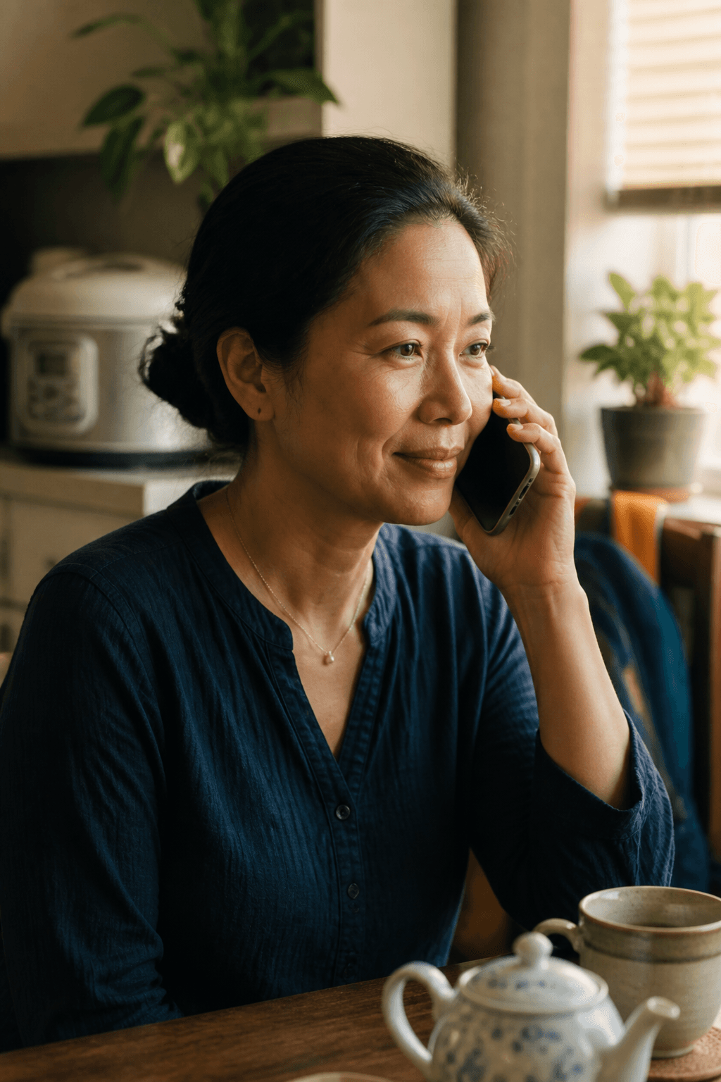 A Vietnamese woman at her kitchen table, listening on a phone call interpreted into her language